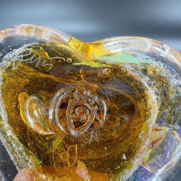 Hand Blown Art Glass Heart Figurine Paperweight Multicolor Swirls Artist Signed - Picture 11 of 16